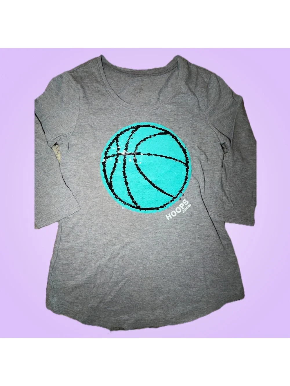 Justice Girls Size 12 Gray Reversible Sequin Basketball 3/4 Sleeve Top